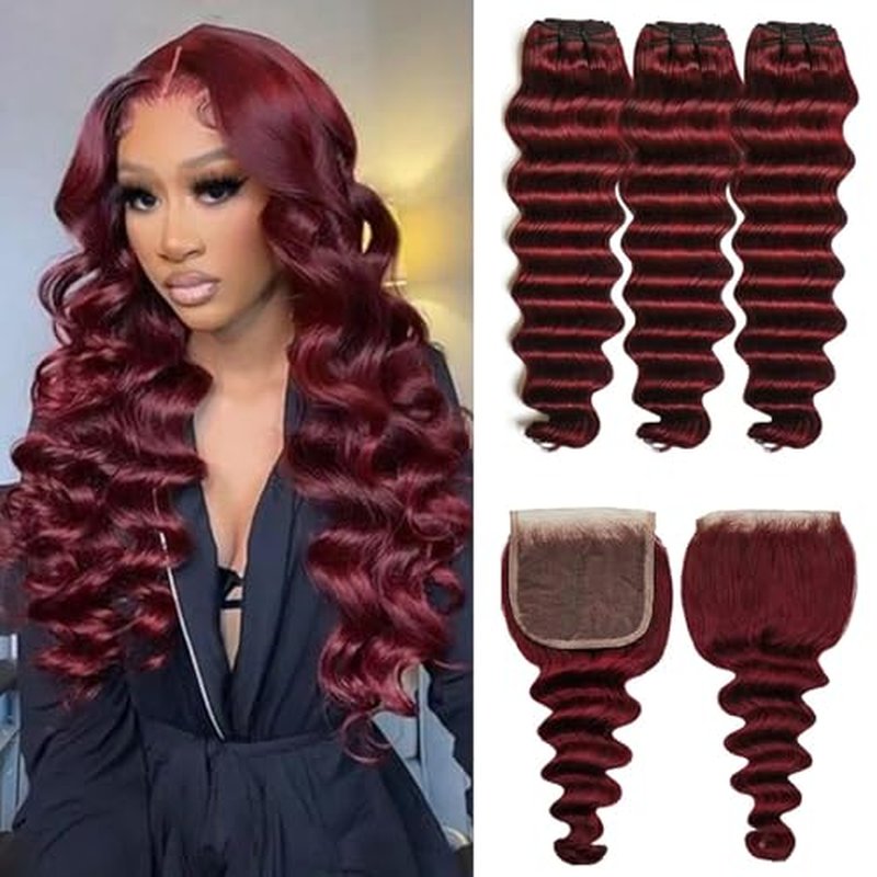 Burgundy Bundles Human Hair with Closure Loose Deep Wave 14 16 18+14inch Raw Quick 99j Red Colored Bundles with 4x4 HD Lace Closure Human Hair