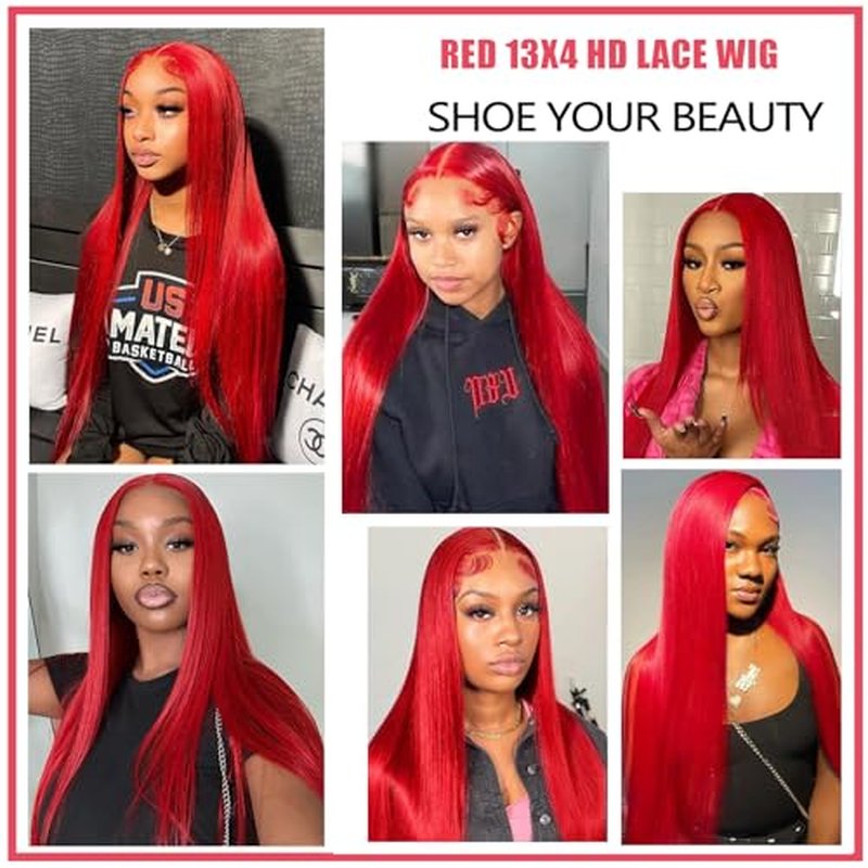 Red Lace Front Wigs Human Hair Straight 13x4 HD Lace Frontal Wigs Human Hair Burgundy Red Wig Pre Plucked 180% Density Colored Straight Glueless Wigs for Women 26 Inch