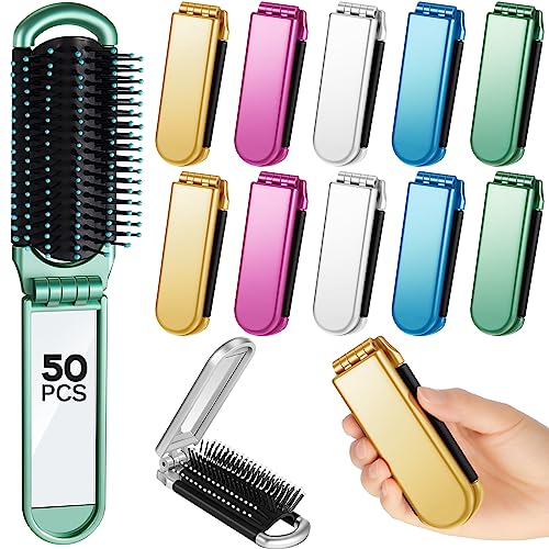 Uiifan 50 Pcs Folding Travel Brush with Mirror Bulk, Small Pocket Brush Compact Portable for Men Women, Bridesmaid Gifts, Stocking Stuffers, Party Favors(Purple, Green, Silver, Blue, Gold)