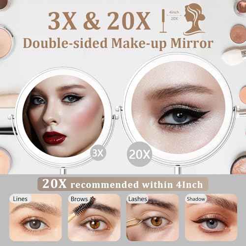 9in Makeup Mirror with Lights, 3x/20x 5000mAh Rechargeable Lighted Makeup Mirror with Magnification, 360¡Æ Rotate Magnifying Mirror,3 Color,Dimmable up,3800lux,80 LEDs,No Height Adjustment,Silvery