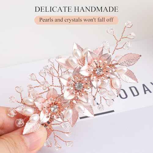 Wedding Hair Clips Set of 3 PCS - Floral Rhinestone Pearl Hair Accessories for Bridal Women (Rose Gold)