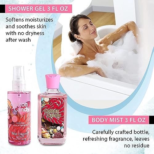 Cotton Candy Bath and Body Gift Set - 4-Piece Travel Kit with Body Lotion, Shower Gel, Body Cream & Fragrance Mist (3 Fl Oz) - Natural Extracts, Personal Self Care Kit for Women/Men