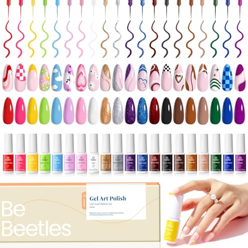 Beetles French Tip Gel Liner Nail Polish Set- 20 Colors Nail Art Polish Brown Glitter Pink Blue White Red Purple Swirl Gel Nails Polish Nails Art Painted Build in Thin Brush Manicure Gifts for Women