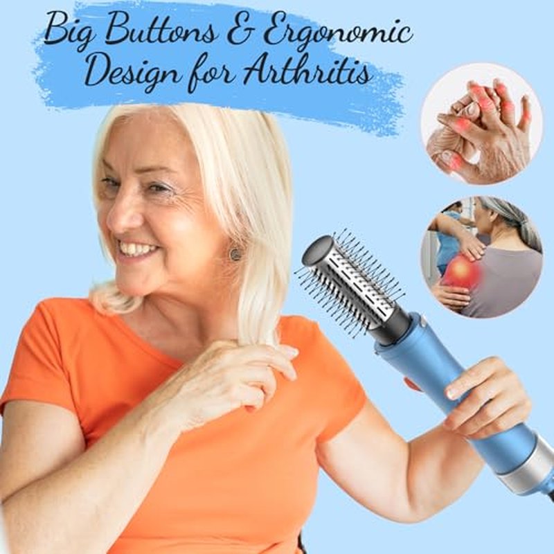 Rotating Hair Dryer Brush Spinning: 2 Size Detachable Brush(2" & 1.5") | 3 Heats & 2 Speeds Plus a Cool Air Setting | Big Buttons Design for Arthritis