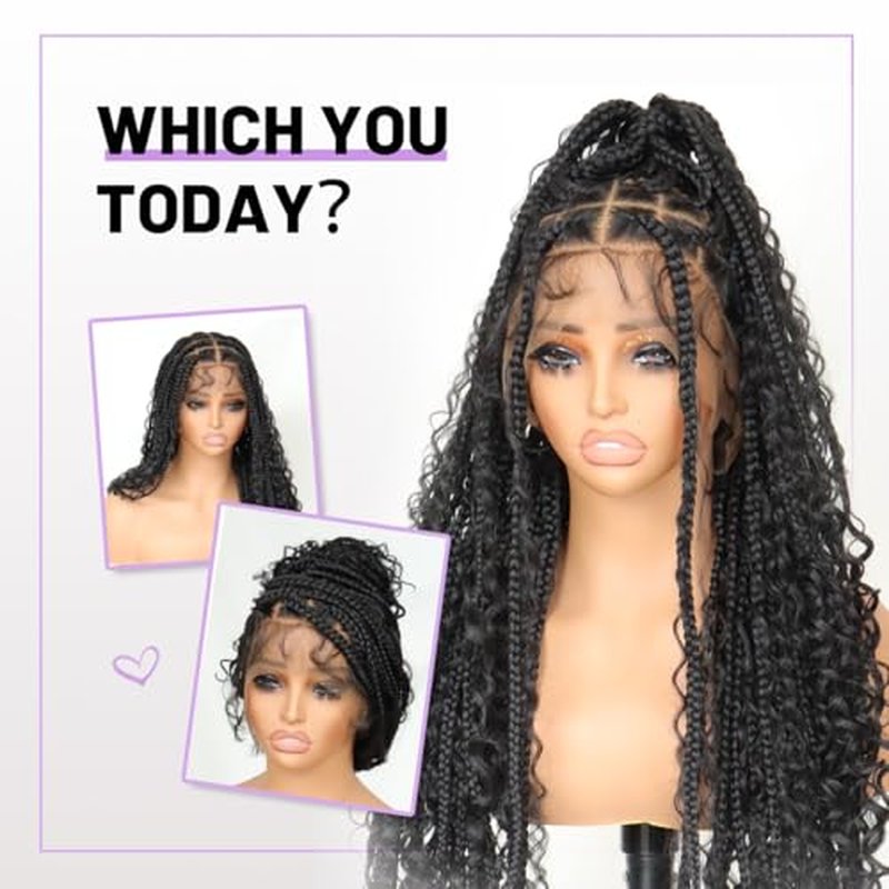 U&A 36Inch Premium Synthetic Braided Wig - Seamless Full Lace & Knotless Bohemian Braids with Bouncy Curly Ends