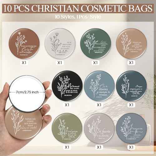 Kacctyen 10 Sets Pastor Appreciation Gifts Bulk Spanish Christian Gifts for Women Regalos Cristianos para Mujer Religious Canvas Makeup Bags with Bible Verse Compact Mirrors (Boho Color)