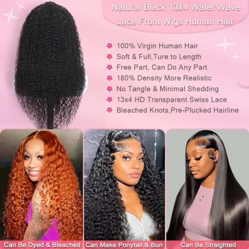 Water Wave HD Lace Front Wigs Human Hair 10A Deep Curly 13x4 Transparent Lace Frontal Wigs Pre Plucked Wet And Wavy Glueless Wigs Human Hair for Women 180% Density (24Inch, Natural Color)
