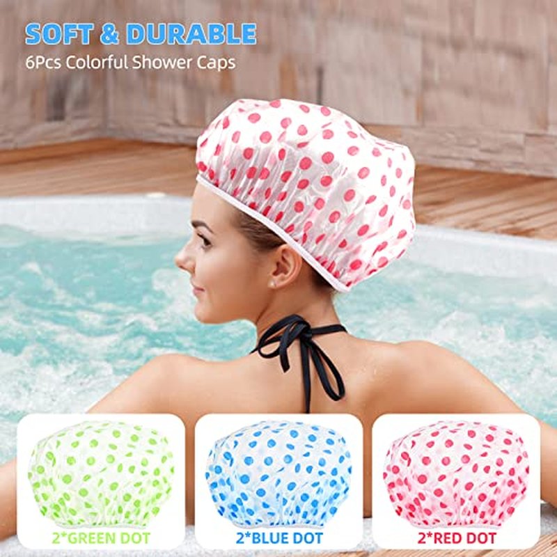 Shower Cap, Reusable Shower Hat Bath Caps, Waterproof with Elastic Band Hair Hat for Men Women Ladies Spa Salon, Coloful Dotted, 6 Packs