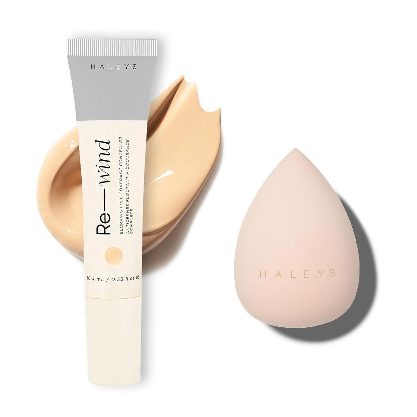 Haleys Re-Wind Concealer & Beauty Blender Set - Full Coverage Brightening Concealer + Latex-Free Makeup Sponge | Light/Medium-Warm, Smooth Soft-Matte Finish