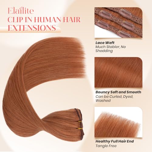 Elailite Clip in Hair Extensions Real Human Hair 3PCS Lace Weft Remy Hairpieces for Women 22 Inch 86g Dark Auburn