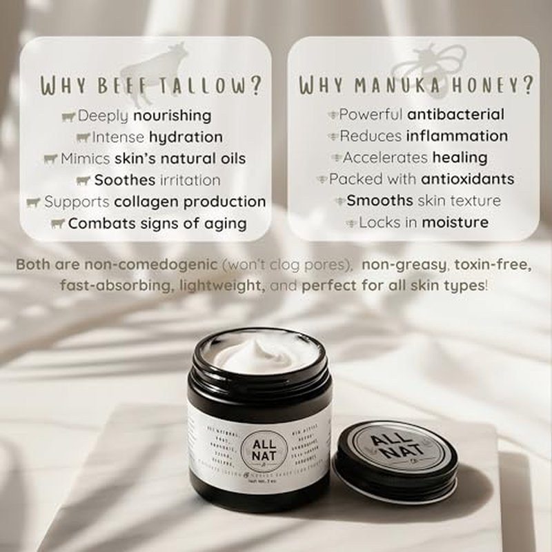 All Nat Whipped Beef Tallow & Manuka Honey Face Cream ? Hydrating, Clean Beauty Moisturizer for Sensitive Skin, Natural Skincare, 3.0 oz