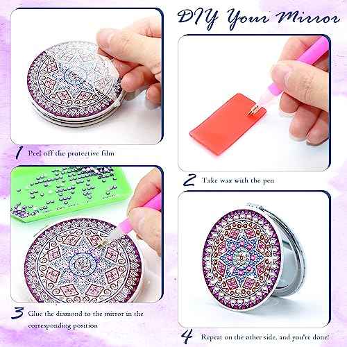 SPOKKI 4 Pcs Diamond Painting Compact Mirror, DIY Pocket Mirror with Mandala Diamond Painting Cover - Folding Purse Design, Portable Magnifying Mirror for Women Girls Kids