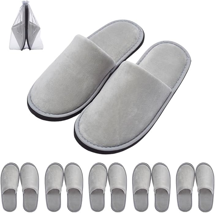 SIMEIER Gray Spa Slippers - 6 Pairs Disposable & Reusable Non-Slip Cotton Guest Slippers | Soft & Comfortable for Home, Gym, Bridal Party