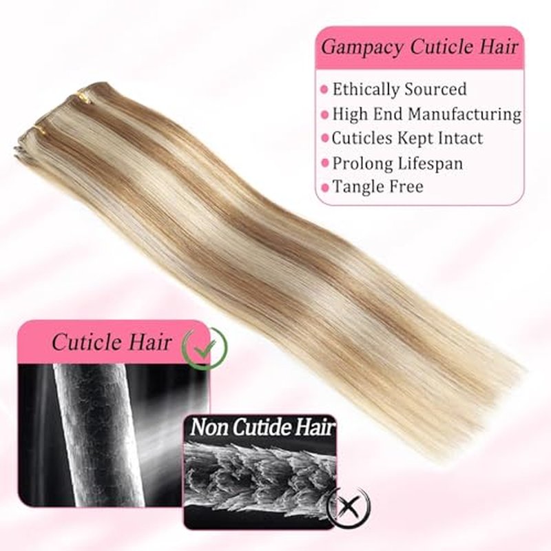 Clip in Hair Extensions Real Human Hair, Seamless Clip ins Real Human Hair for Women, Remy Human Hair Clip in Extensions, Double Weft 8pcs 20 inch Light Blonde Highlighted Golden Blonde