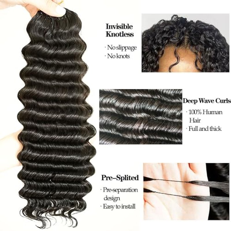 Knotless Pre Separated Deep Wave Crochet Human Hair Feather 100% Raw Real Hair Extensions for Braiding Feather Line Human Crochet Deep Wave Curly Hair Extensions With String 22inch 60g
