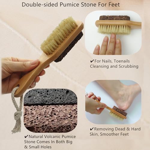 Natural Lava Pumice Stone for Feet with Brush, Callus Remover Foot Scrubber Exfoliator Pedicure Tools for Hard Dead Skin, Softer & Smoother Feet, Double Sided Boar Bristles Wooden Handle