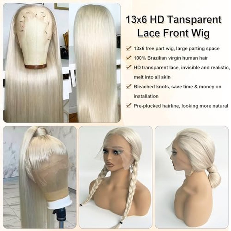 13x6 HD Lace Front Wig Human Hair Platinum Blonde Straight Transparent Lace Frontal Wigs Human Hair Pre Plucked with Baby Hair 180% Density Silver Blonde Brazilian Virgin Hair Glueless Wigs 22 Inch