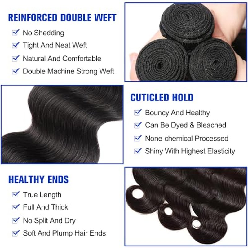 Body Wave Bundles Human Hair 20 22 24 Inch 3 Bundles Natural Color Brazilian Virgin Hair Weave 12A 100% Unprocessed Real Human Hair Extensions For Women
