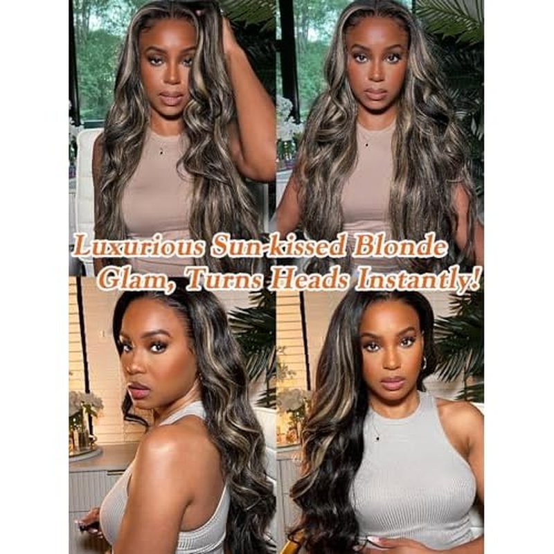 1b/27 Honey Blonde Highlight Human Hair Bundles Body Wave 12 14 16 Inch, Black and Blonde Balayage Loose Wave Sew In Weave Tracks, 12A 100% Unprocessed Brazilian Raw Virgin Hair, P1b/27