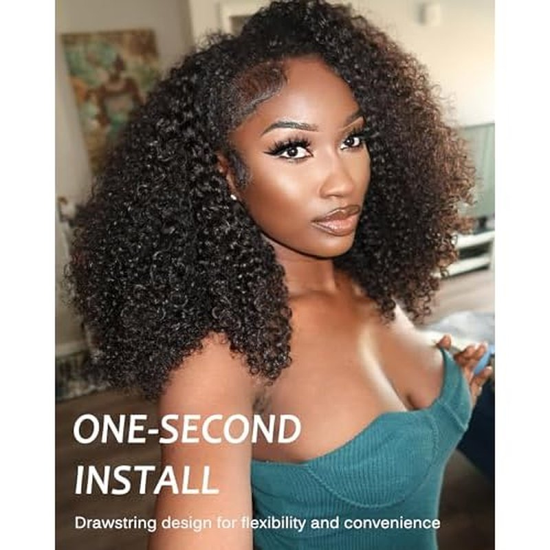 Kinky Curly Half Wig Human Hair - 200% Density, 18 Inch, Glueless Wear & Go, 3 in 1, Flip Over, Headband, Drawstring Wig, Natural Look, Beginner Friendly (Natural Black, 18 Inch, Kinky Curly)