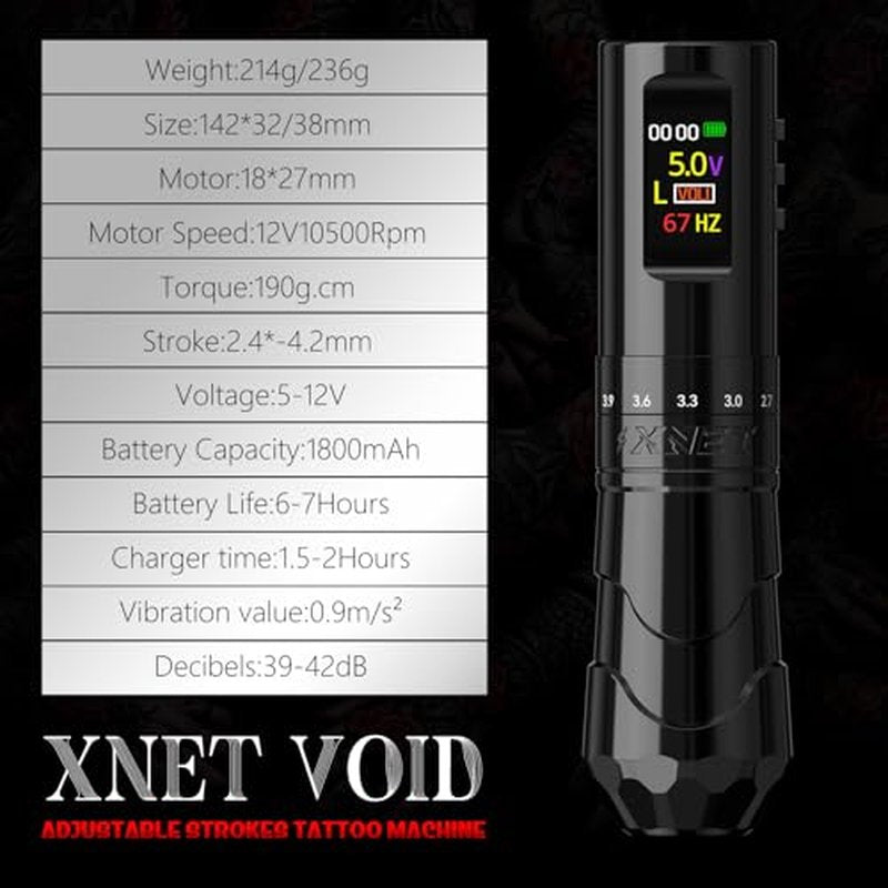 Tattoo Gun Kit, Xnet Void Cordless Tattoo Machine, Rotary Pen Machine 7 Adjustable Strokes with 1800mAh Dual Battery, 20pcs X-ray Mixed Sizes Cartridge Needles for Tattoo Artists