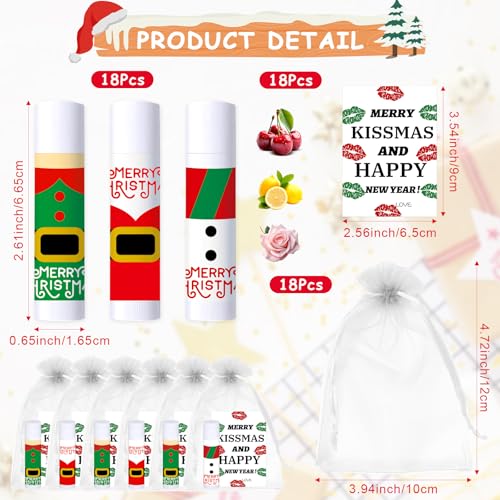 Christmas Lip Balm Bulk, 18Pcs Christmas Lip Balm Set with Cards and Organza Bags, Xmas Lips Balms Gift Set for Teens and Adults, Xmas Stocking Stuffer Party Supplies, Lips Care