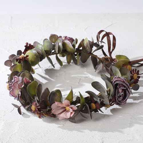 Purple Flower Crown Headband - Handmade Fairy Floral Headpiece Artificial Vintage Rose Flower Headbands with Ribbon for Women Girls Wedding Renaissance Party Cosplay Photo Shoot