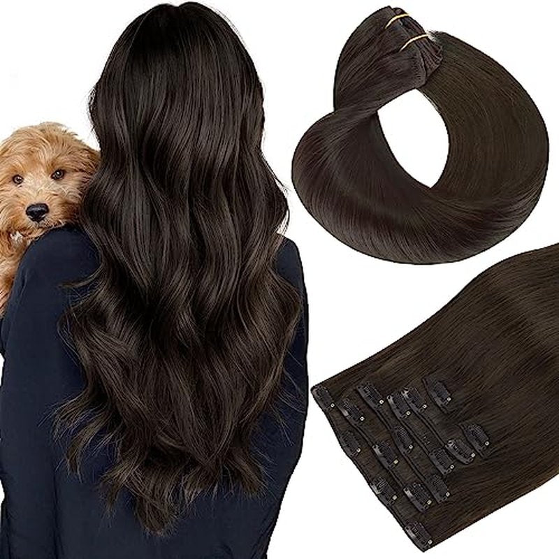 HOTBANANA Human Hair Clip in Hair Extensions, 2 Dark Brown 120g Clip in Hair Extensions Real Human Hair Straight Remy Hair Clip in Hair Extensions 22 Inch 7pcs