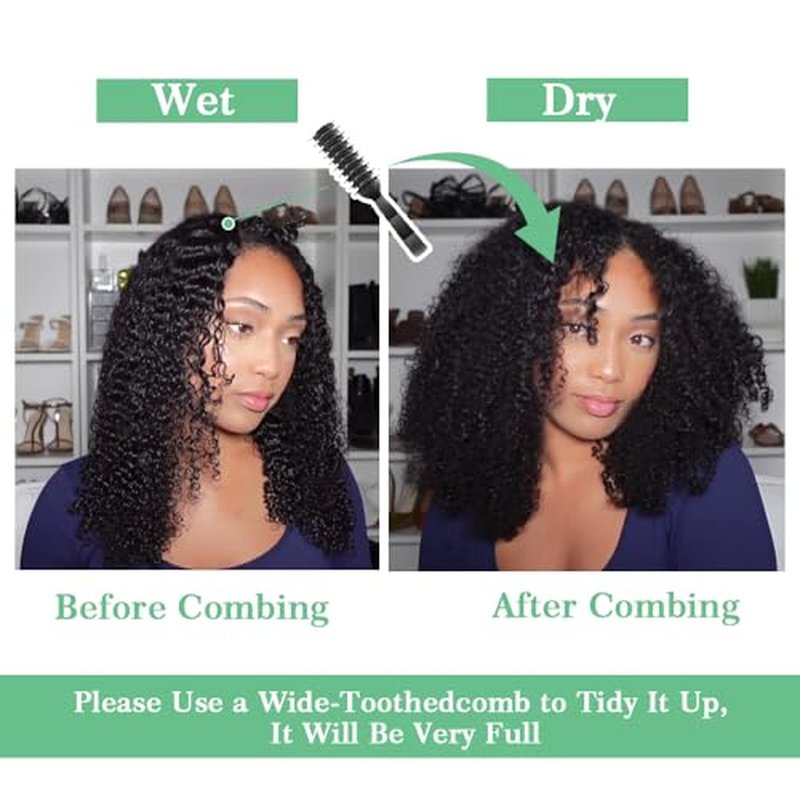 Afro Kinky Curly V Part Wig Human Hair Brazilian Virgin Glueless Wig Human Hair for Black Women Upgrade U Part Wigs Kinky Curly Wigs No Leave Out 200% Density Natural Color 18 Inch