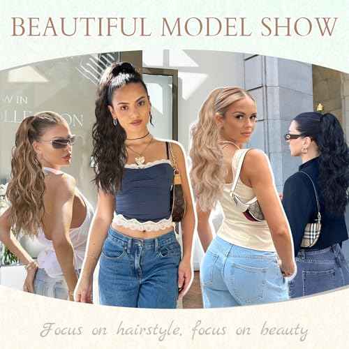 SOFEIYAN Drawstring Ponytail Extension 24 Inch Wavy Curly Clip on Hairpiece Comb Clip in Ponytail Extensions Layered Fluffy Thick Pony Tails Hair Extension Synthetic Hairpieces for Women-Blonde Mixed