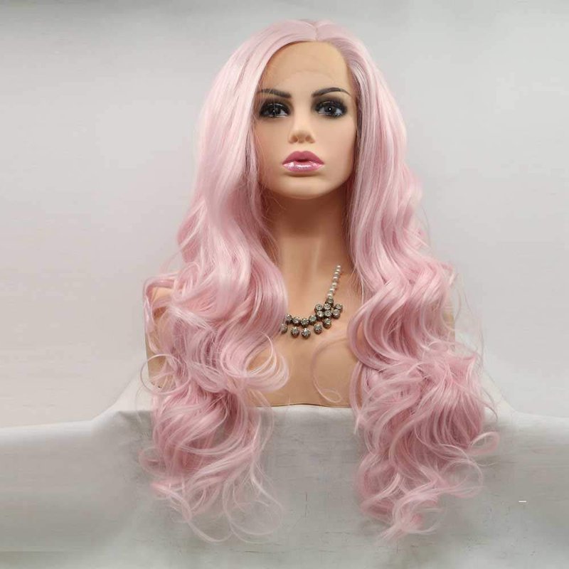 xiweiya Baby Pink Wig Long Body Wave Light Pink Synthetic Lace Front Wigs Heat Resistant Fiber Hair Wig Middle Part Cosplay Wigs 24inch