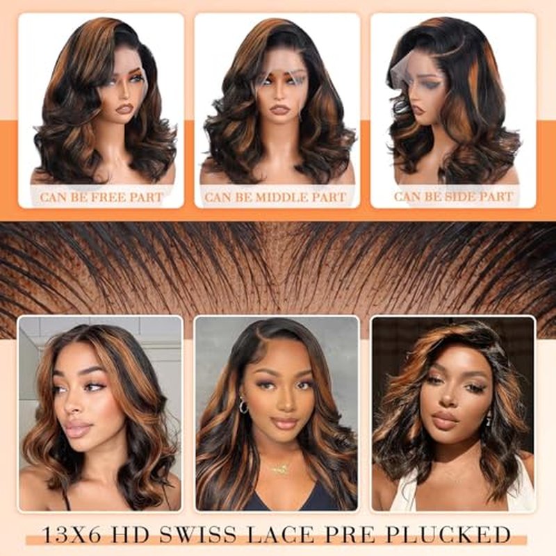 13x6 Highlight Body Wave Lace Front Wigs Human Hair 200% Density FB/30 Ombre Frontal Wigs Human Hair Pre Plucked Short Wigs for Black Women Glueless Balayage HD Lace Wig Loose Wavy 16 inch