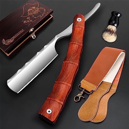 Professional Straight Blade Razor Kit with Strop - Straight Edge Barber Razor Stainless Steel Sharp Shaver Razor for Men Home & Salon Grooming Using (Brown)