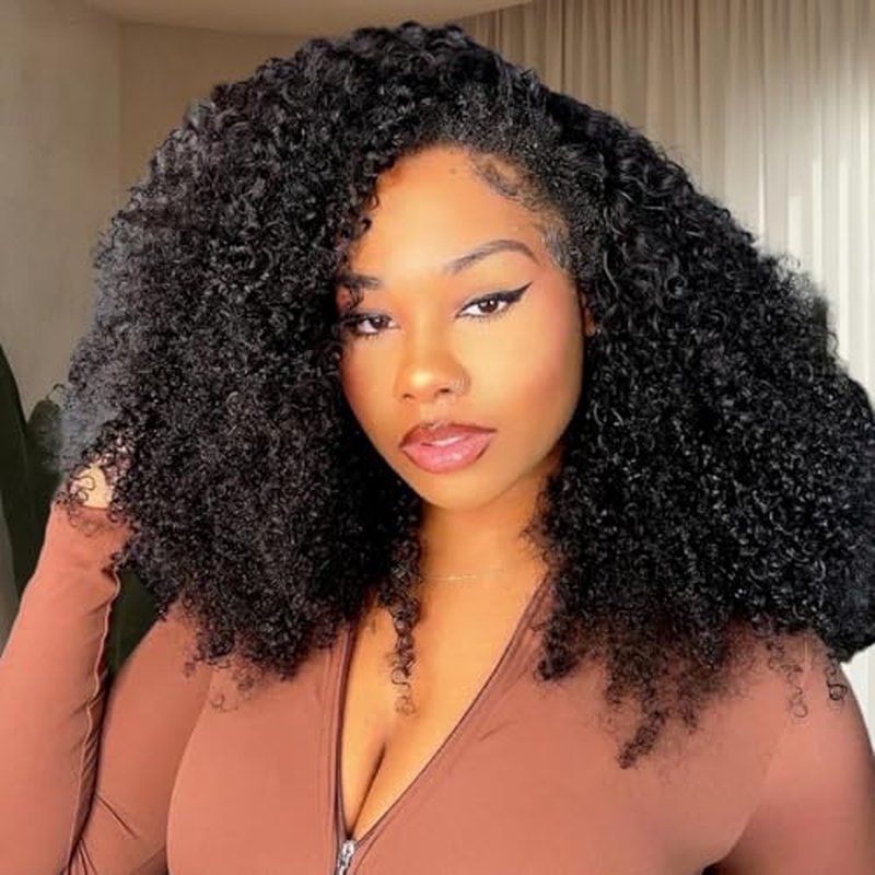 Kinky Curly Half Wig Human Hair 200% Density 3 In 1 Curly Half Wig Seamless Drawstring Curly Human Hair Wig Wear Go Glueless Wigs Human Hair Beginner Friendly (Kinky Curly Nautal Color, 18 Inch)