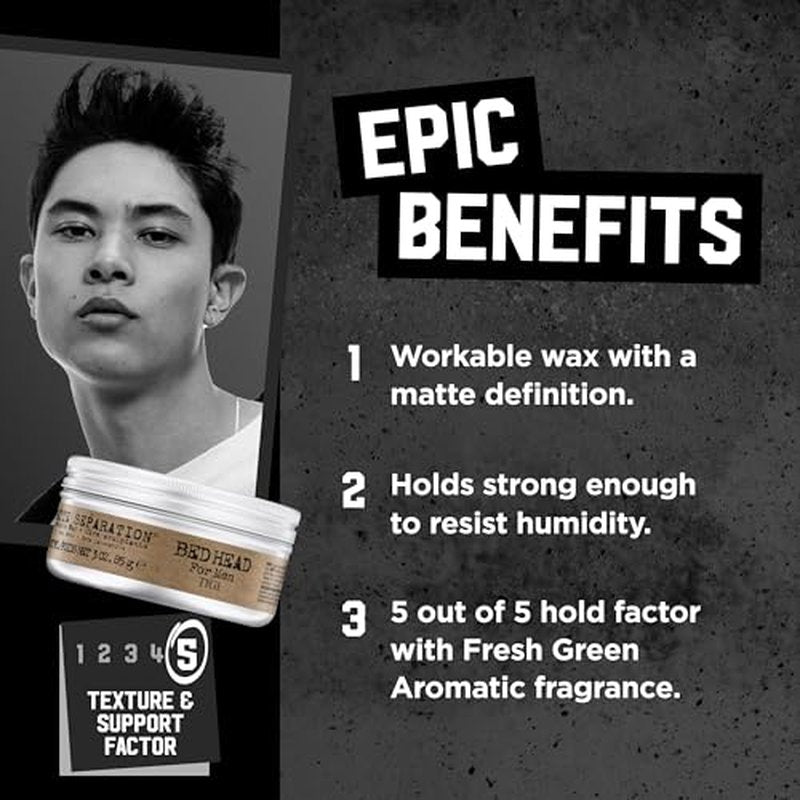 TIGI Bed Head for Men Matte Separation Workable Wax - Use for Strong Hold - For Men's Hairstyles - Use on Damp or Dry Hair - Premium Strong Hold Hair Wax - 3 oz (2 Pack)