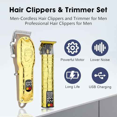 Men¡¯s Gold Hair Clippers, Cordless Professional Barber Clippers & Trimmers with LED Display, Long Runtime, Electric Grooming Kit for Haircuts & Beard Trimming,Gift for Husband, Father, Boyfriend
