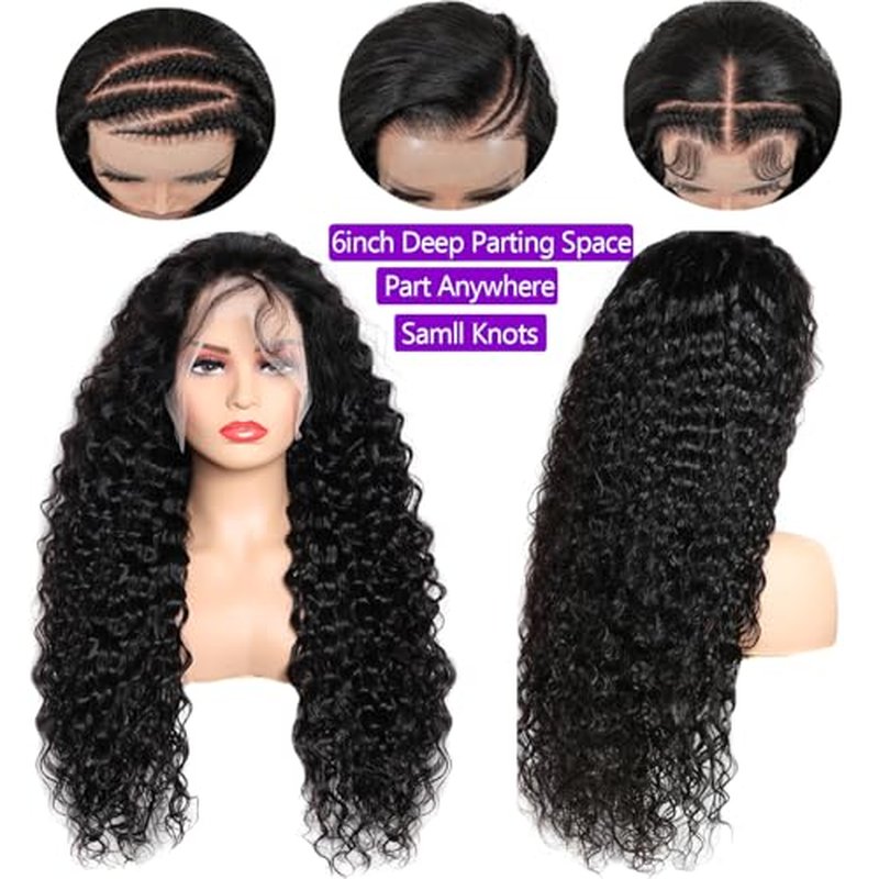 Lemoda 13x6 Water Wave Lace Front Wigs Human Hair 24 inch HD Lace Brazilian 15A Deep Wave Frontal Wigs 180% Density 13x6 Curly Human Hair Wig with Baby Hair Glueless Water Wave Wig For Black Women