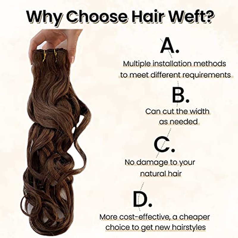 Sew in Hair Extensions Real Human Hair 24 Inch 120G Curly Weft Hair Extensions Human Hair #4 Medium Brown Natural Wave Sew in Human Hair Weft Weave Bundles Double Weft Hand Tied Weft Human Hair