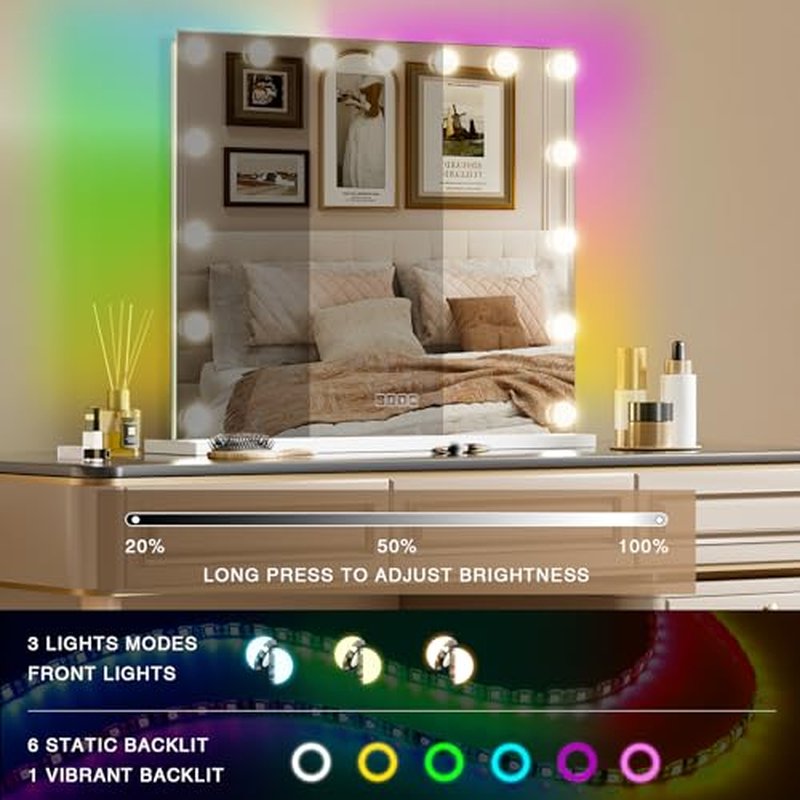 COOLJEEN Vanity Mirror with Lights and Bluetooth, 23x18 Inch 15 Bulbs Front and RGB Backlit Makeup Mirror with Dimmable 3 Color, Tempered Glass, Detachable 10X Magnification, Tabletop & Wall-Mounted