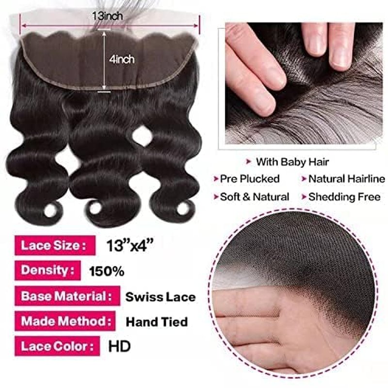 Body Wave Frontal 13x4 HD Lace Wig - 100% Remy Human Hair with Bangs, Natural Color | 12 Inch, 150% Density