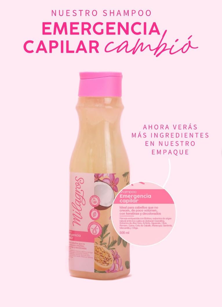 Milagros Shampoo Emergencia Capilar Colombian Hair Care Products for Natural Growth, Strengthening, and Repair Set of 1, 100% Natural