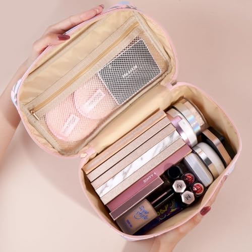 MAANGE Travel Makeup Bag, Cosmetic Bag, Portable Large Capacity Makeup Case, Make Up Organizer For Women, Oxford Cloth Toiletry Bag With Handle (Pink Plants)