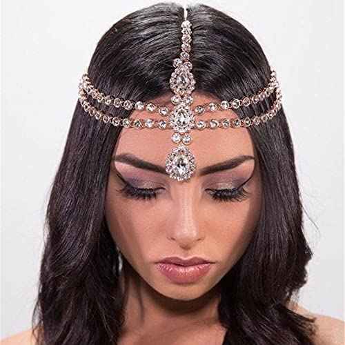 YERTTER Bohemian Full Silver Gold Rhinestone Chain Colorful Crystal HeadChain Clip Drop Pendant HeadPieces Forehead Headband Hair Accessories for Wedding Brides Party Prom Costume