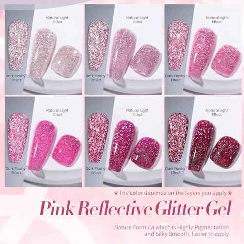 BORN PRETTY Reflective Glitter Gel Nail Polish Pink Holographic Colorful Glitter Spring Summer Gel Polish Sparkly Shiny Disco DJ LED Gel Nail Polish Nail Varnish 6PCS