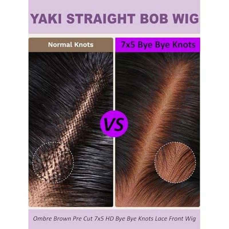 YIROO Yaki Straight Bob Wig Ombre Brown Human Hair Bye Bye Knots Glueless Wig Chestnut Brown Pre Cut 7x5 HD Lace Front Lace Put On and Go Pre Bleached Pre Plucked with Dark Roots Yaki Bob Wig 10Inch