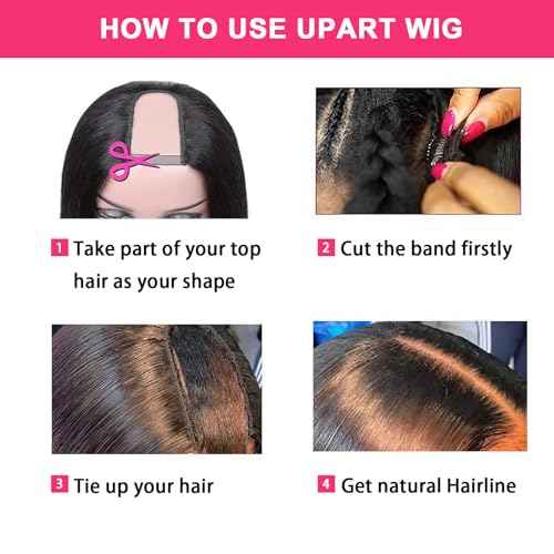 U Part Wig Human Hair Straight Bob Wigs For Women Brazilian Remy Hair Short Bob Human Hair Wigs Clip in UPart Wig Human Hair Natural Black Color 8 Inch