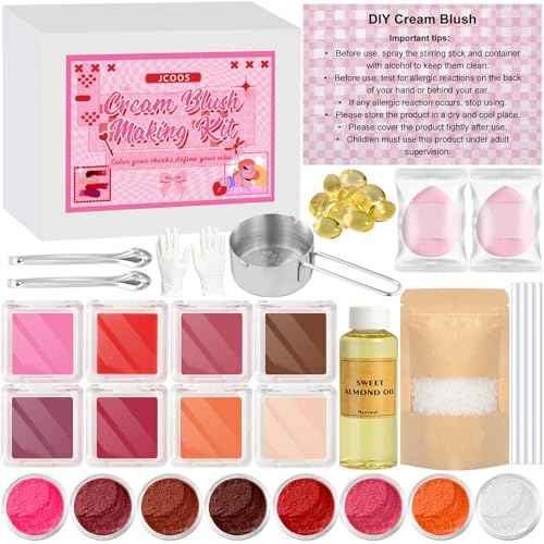 JCOOS DIY Blush Kit, 8 Colors Make Your Own Cream Blush Making Kit, for Cheeks, Face, Eyeshadow, Lip Dewy Finish with Beeswax, Sweet Almond Oil, Pigment, Containers, Puff Makeup Friend Gifts for Women