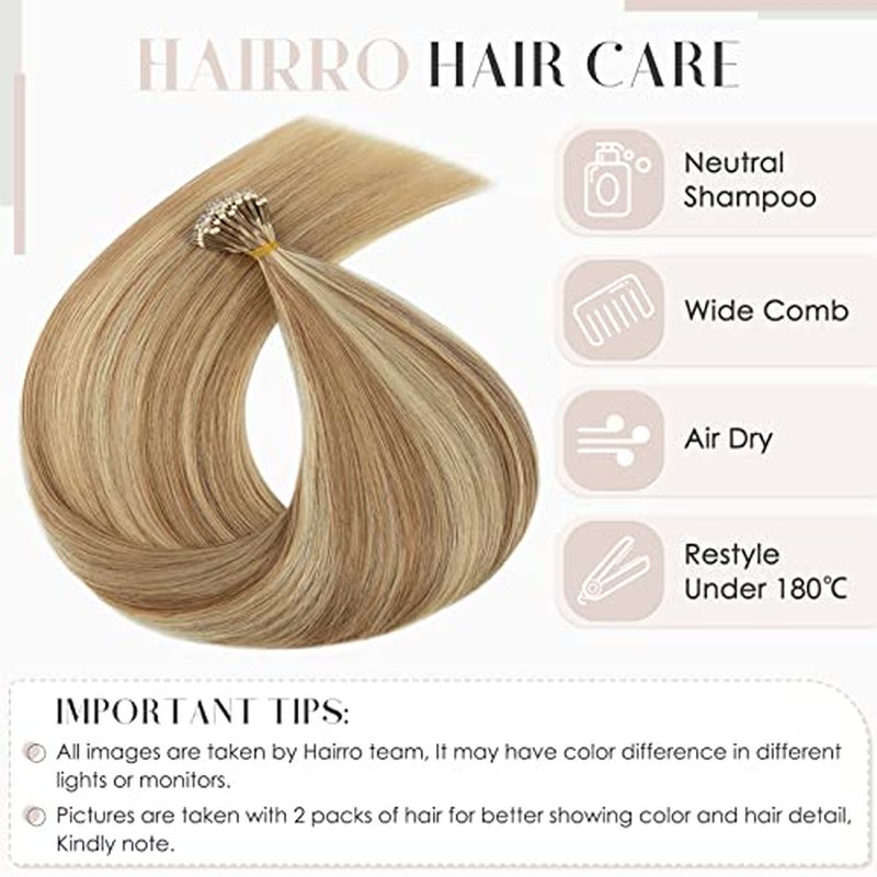 Hairro Bead Human Hair Extensions Microlink Nano Ring Cold Fushion Pre Bonded Keratin Nano tip Remy Hair For Women 24inch 50g/PACK 50 Strands #12P613 Golden Brown Highlight Bleach Blonde