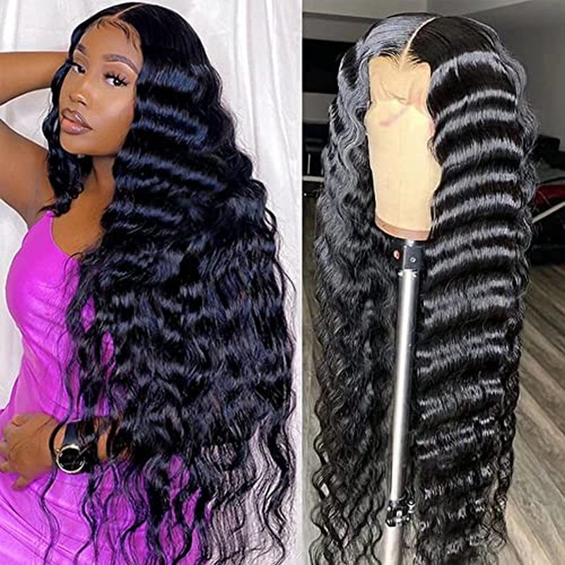 JIETAI 13x4 Loose Deep Wave Curly Lace Front Wig Pre Plucked with Baby Hair 180% Density Curly Human Hair Wigs 10A Wigs for Black Women Glueless Wig (28inch, Natural Color)