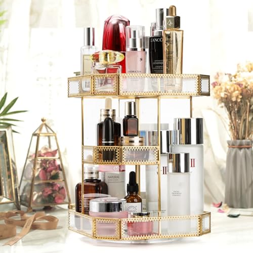ZOOFOX 360 Degree Rotating Glass Makeup Organizer, Large Cosmetics Storage Display Holder with Gold Trim for Vanity, Clear Makeup Carousel for Perfume, Cosmetics, Brushes, Lotion, Lipsticks